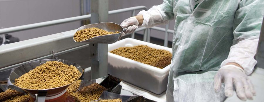 Man scooping food in food processing facility